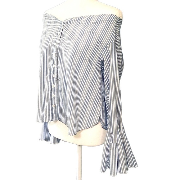Free People Crop Top Shirt Blue Striped Bell Sleeve Off The Shoulder Sz Medium - Picture 5 of 15